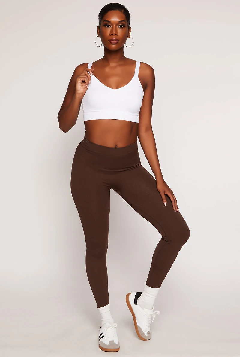 Womens Seamless Ribbed Knit Leggings, M