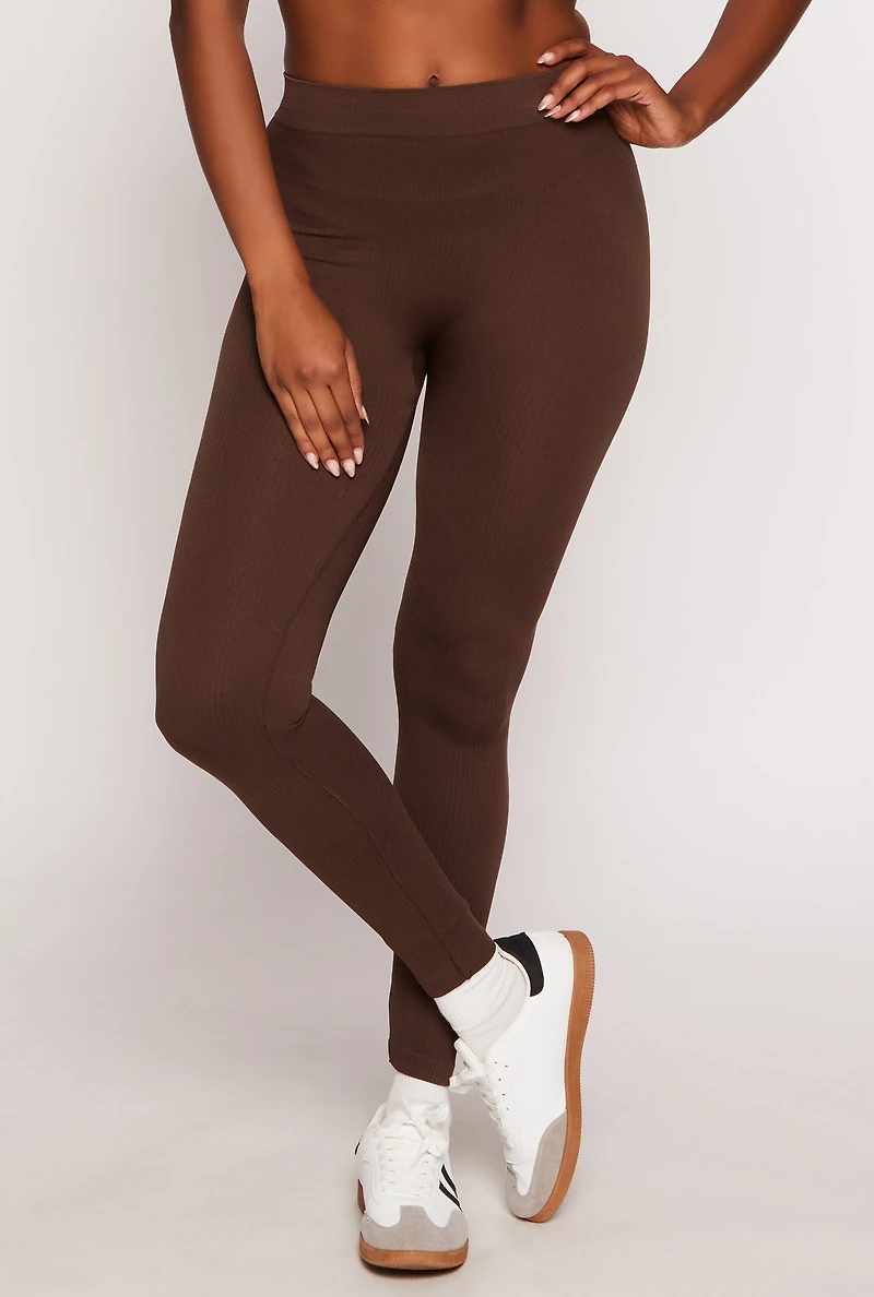Womens Seamless Ribbed Knit Leggings, M