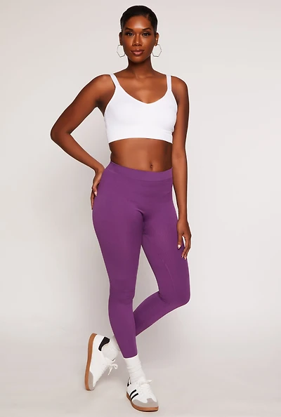 Womens Seamless Ribbed Knit Leggings, Purple, Size L