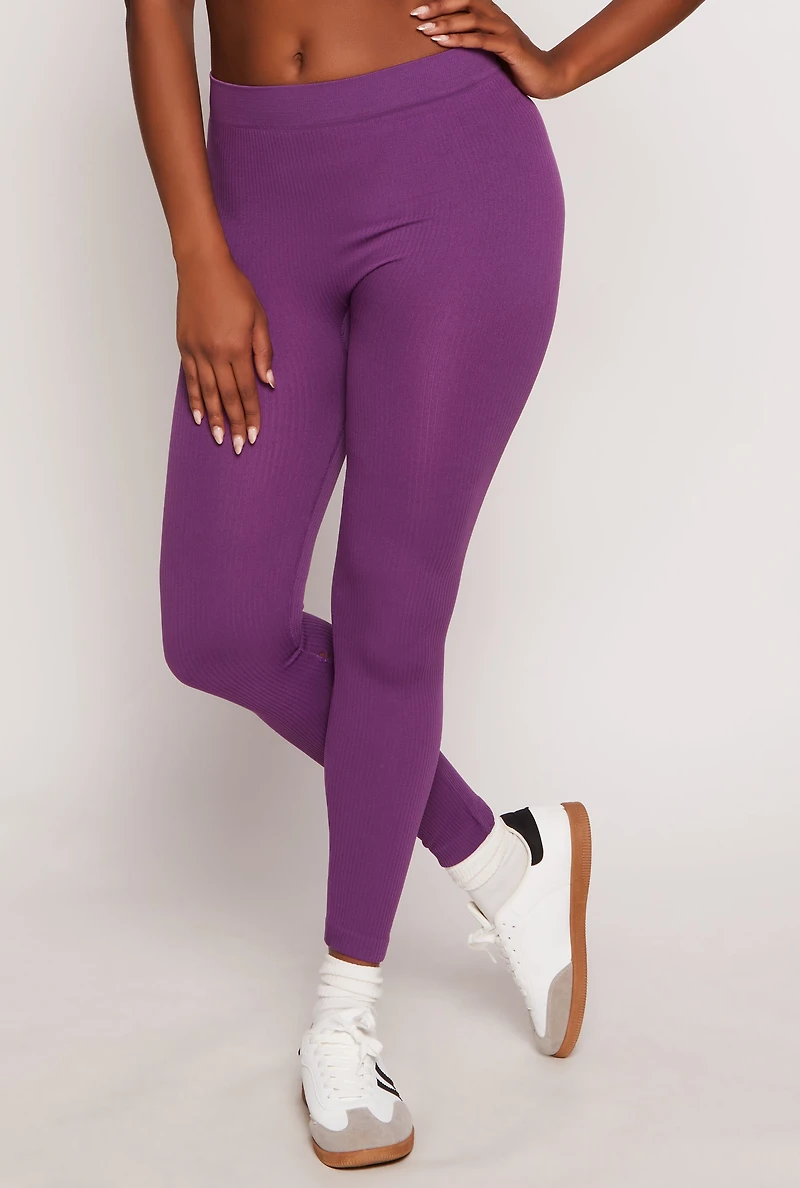 Womens Seamless Ribbed Knit Leggings, Purple, Size L