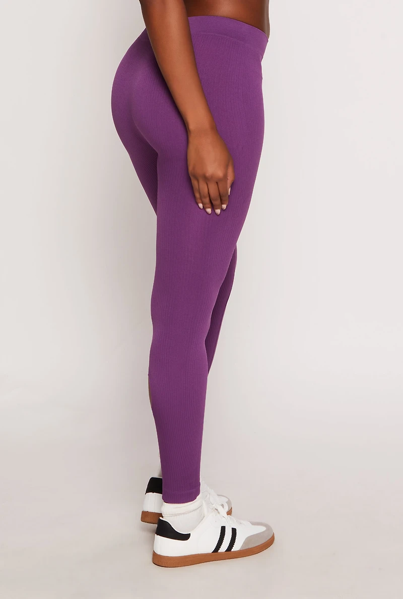 Womens Seamless Ribbed Knit Leggings, Purple, Size L