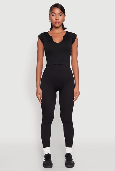 Womens High Waisted Rib Knit Leggings, Black, Size L