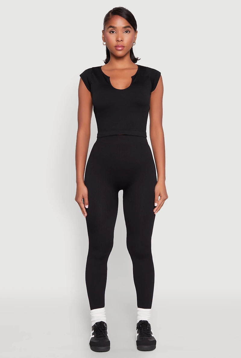 Womens High Waisted Rib Knit Leggings, Black, Size M