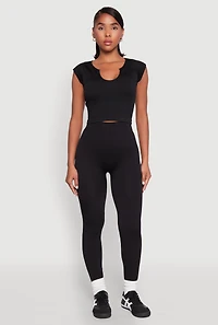 Womens High Waisted Rib Knit Leggings, Black,
