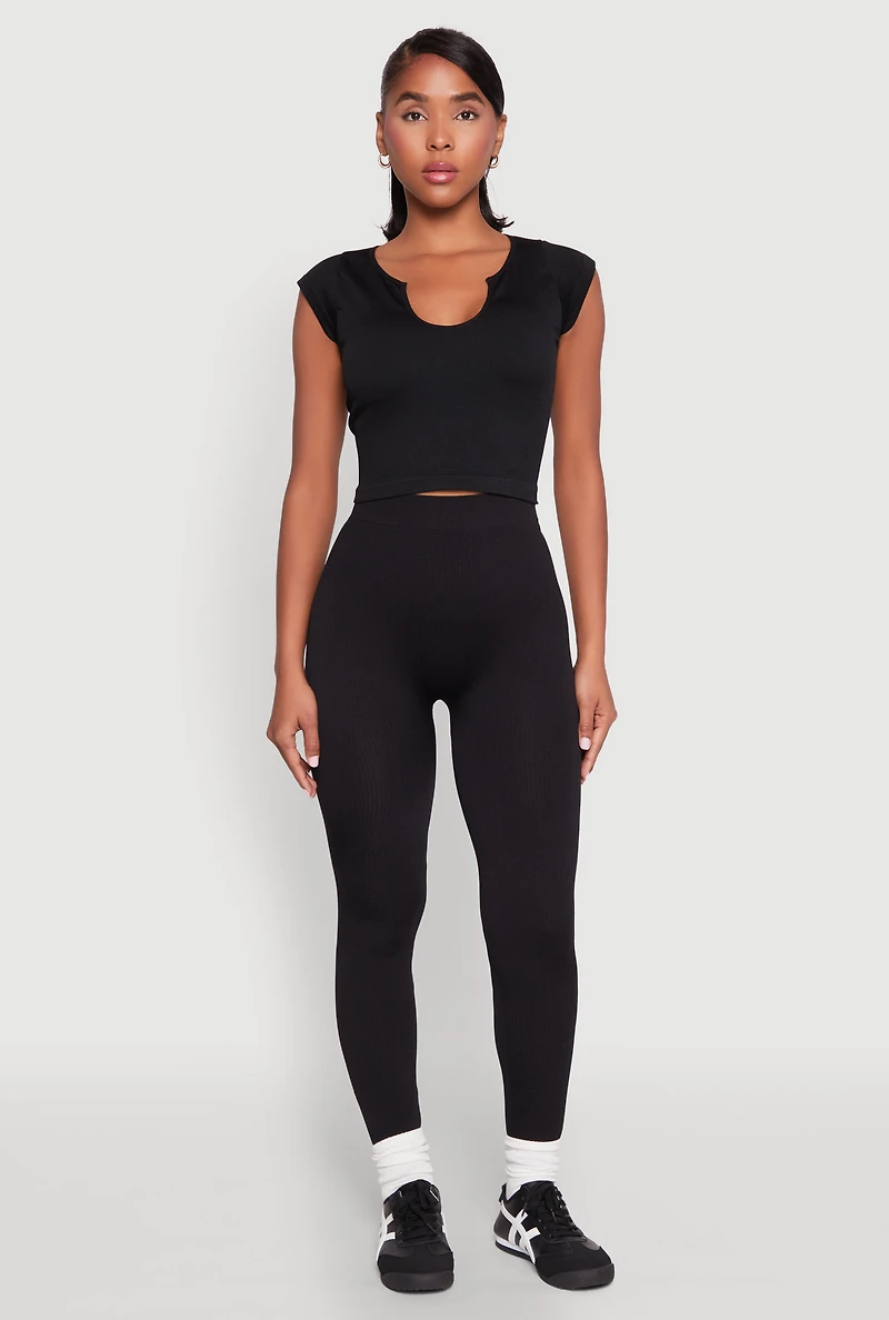 Womens High Waisted Rib Knit Leggings, Black, Size XL