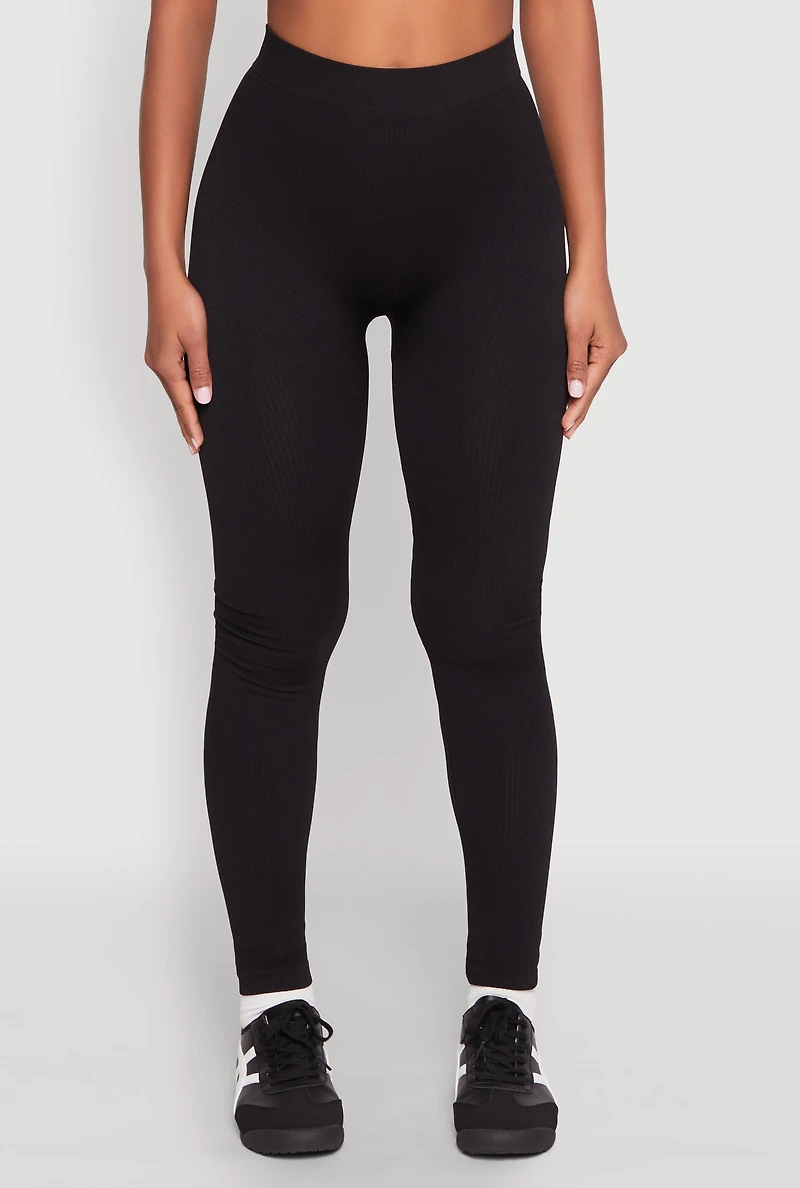 Womens High Waisted Rib Knit Leggings, Black, Size XL