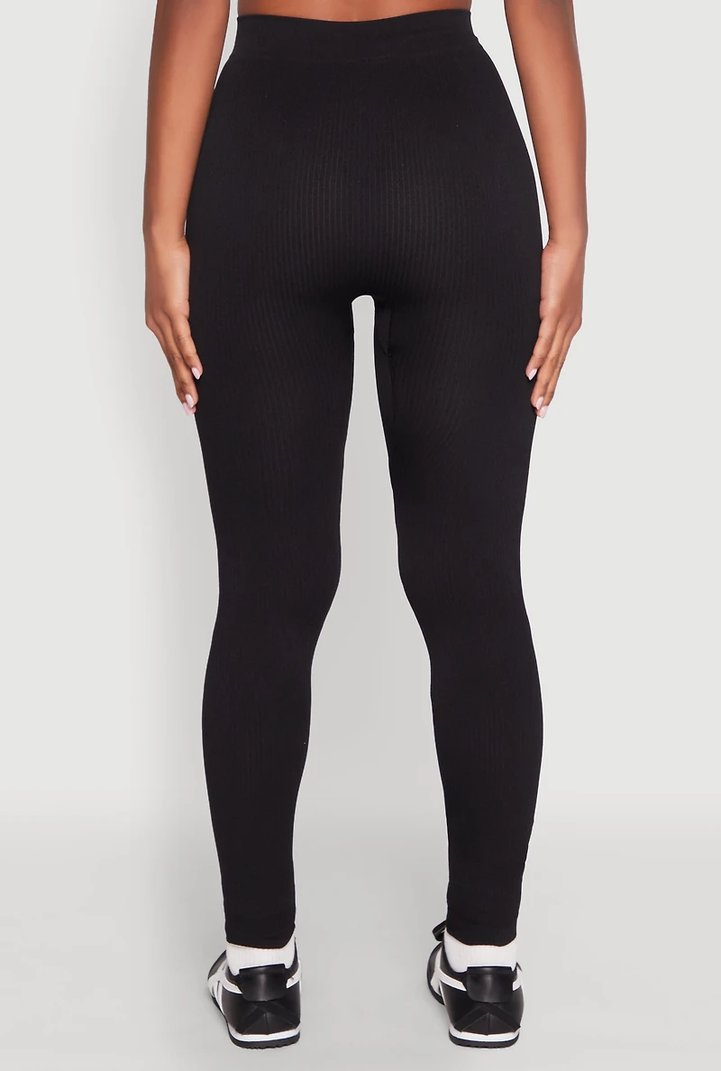 Womens High Waisted Rib Knit Leggings, Black, Size M