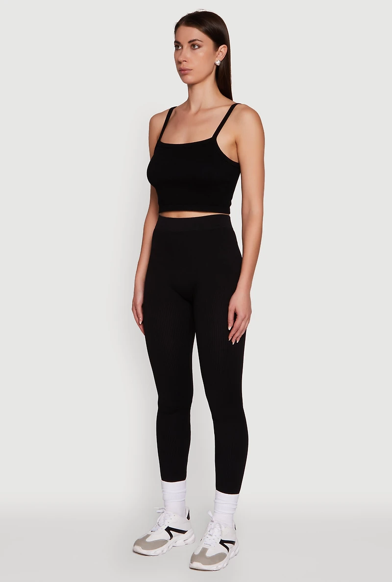 Womens Trendy Rib Knit High Waisted Leggings, Black,