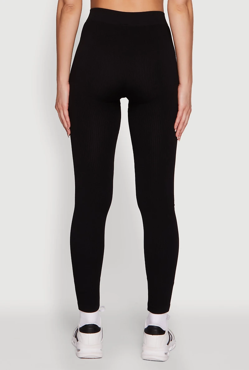 Womens Trendy Rib Knit High Waisted Leggings, Black,