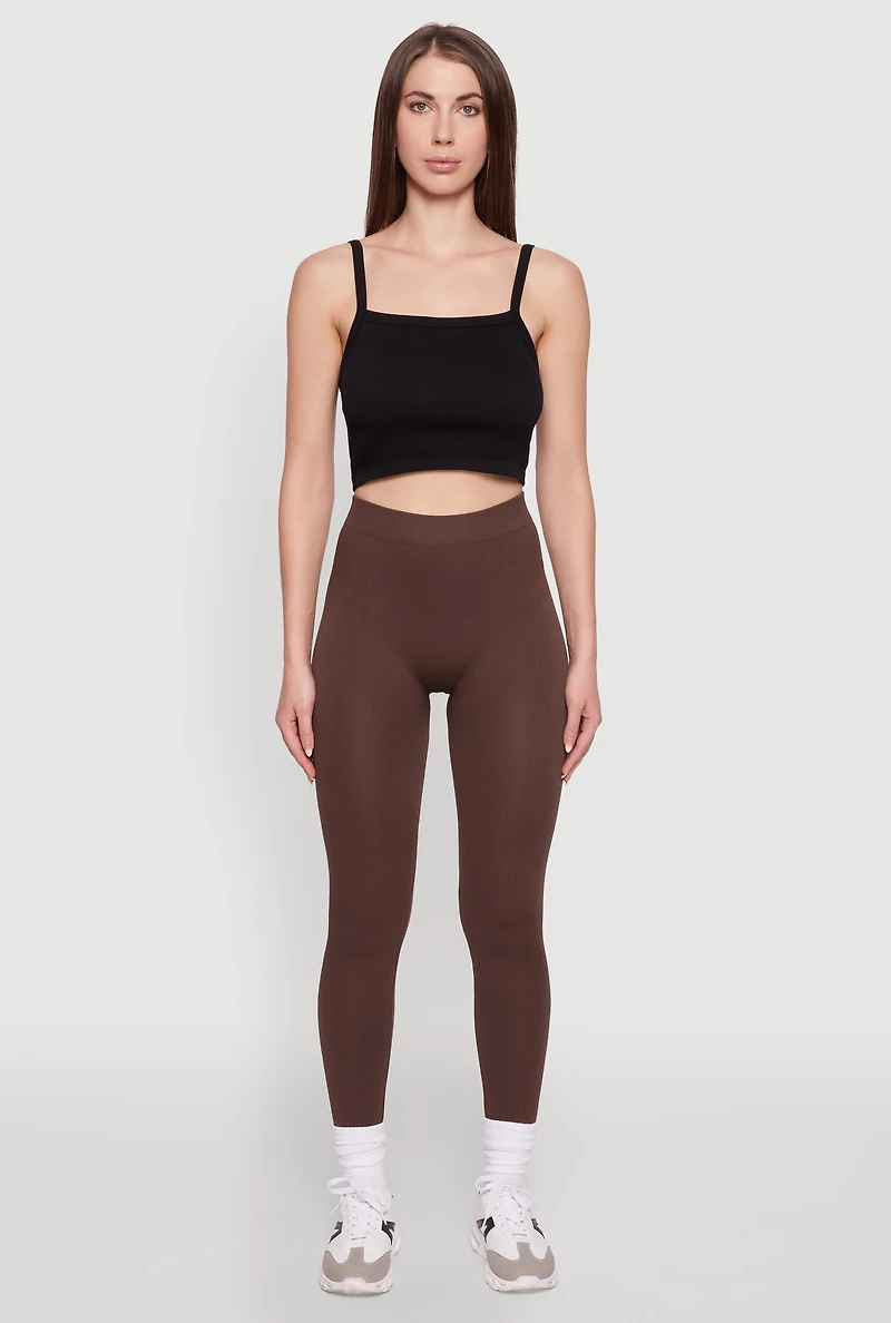 Womens Trendy Rib Knit High Waisted Leggings, Brown, Size L