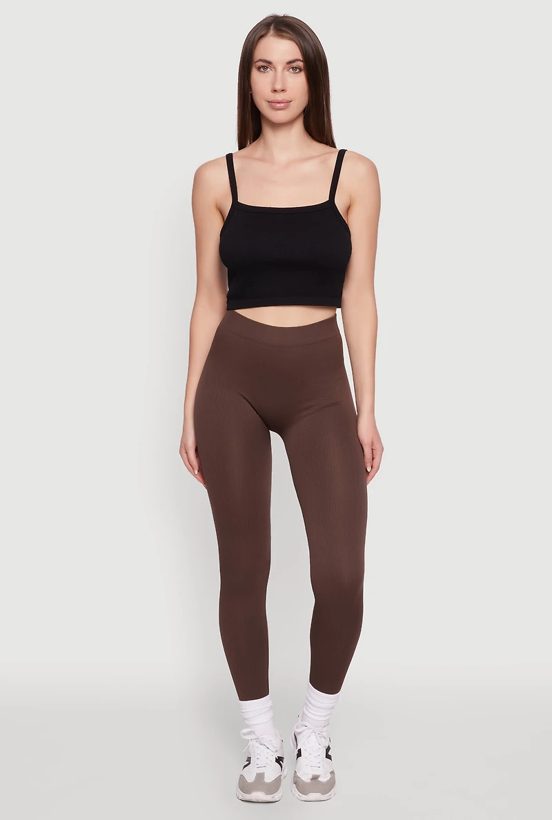 Womens Trendy Rib Knit High Waisted Leggings, Brown, Size L