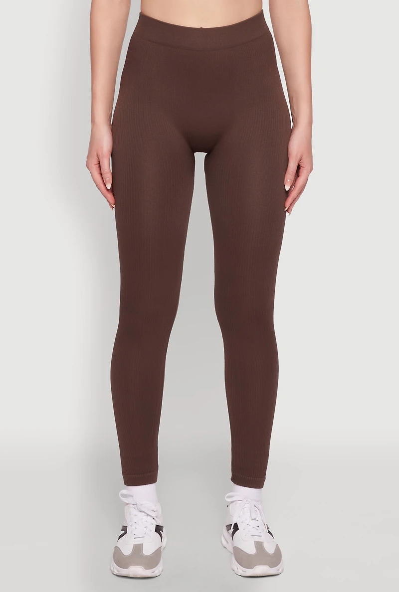 Womens Trendy Rib Knit High Waisted Leggings, Brown, Size L
