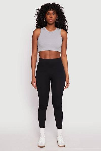 Womens Seamless Ribbed Knit High Waist Leggings, Black, Size S-M