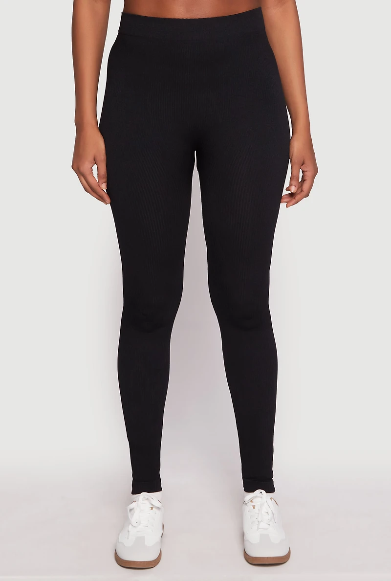 Womens Seamless Ribbed Knit High Waist Leggings, Black,