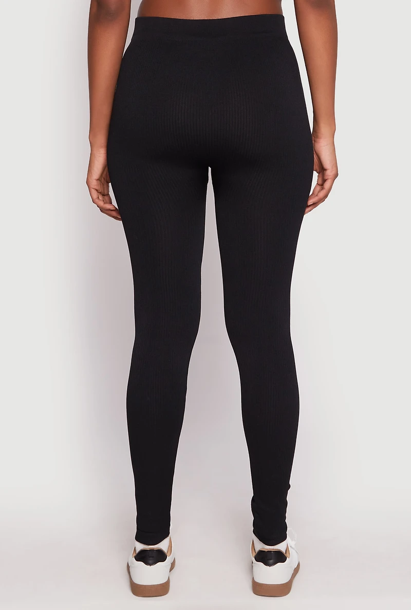 Womens Seamless Ribbed Knit High Waist Leggings, Black,