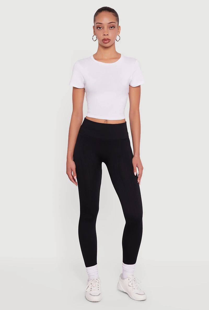 Womens Fleece Lined Textured Knit Leggings, Black, Size L-XL