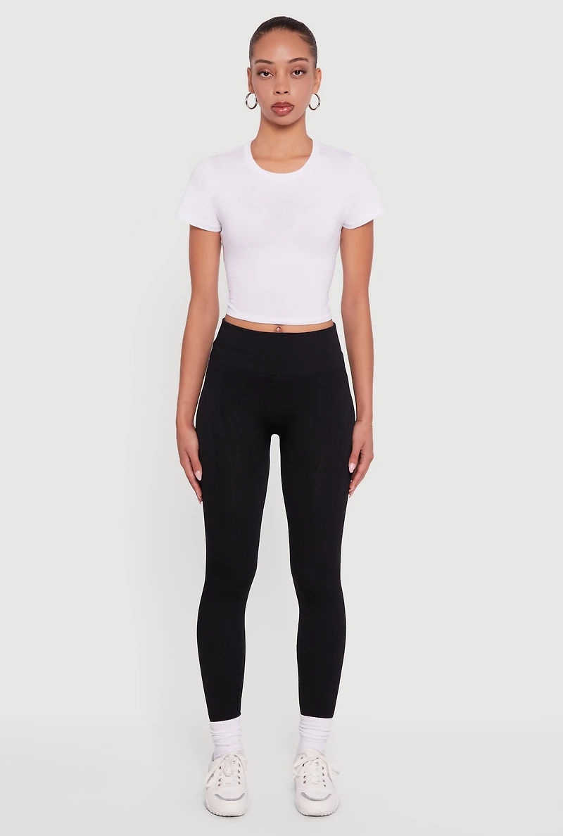 Womens Fleece Lined Textured Knit Leggings, Black, Size L-XL
