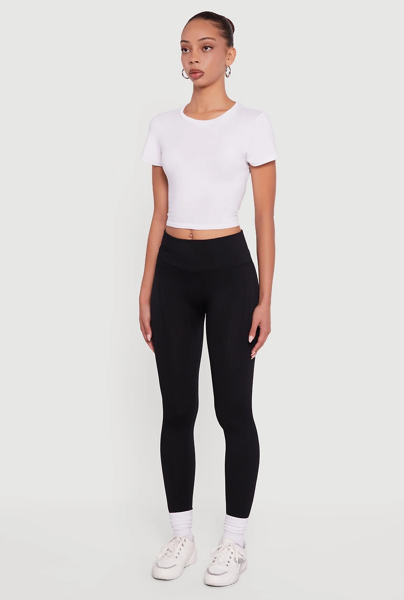 Womens Fleece Lined Textured Knit Leggings, Black, Size L-XL