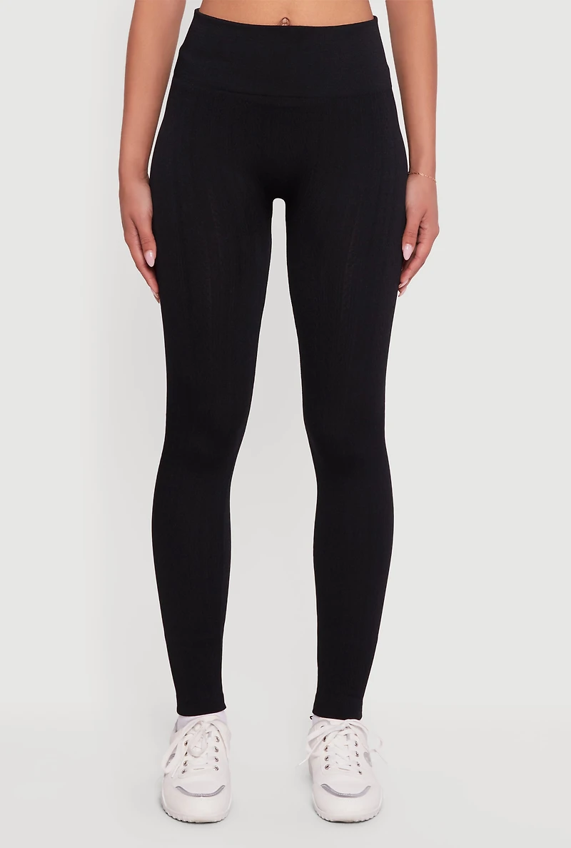 Womens Fleece Lined Textured Knit Leggings, Black, Size L-XL