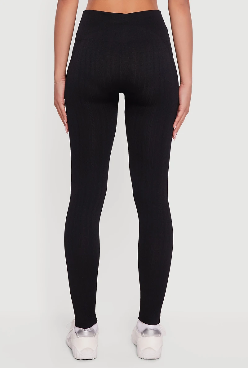 Womens Fleece Lined Textured Knit Leggings, Black, Size L-XL