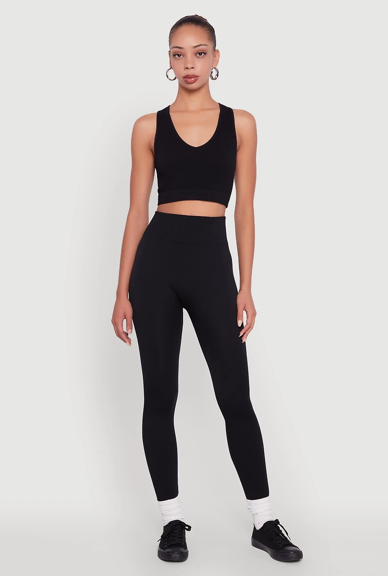 Womens High Waisted Basic Fleece Lined Leggings, Black, Size L-XL