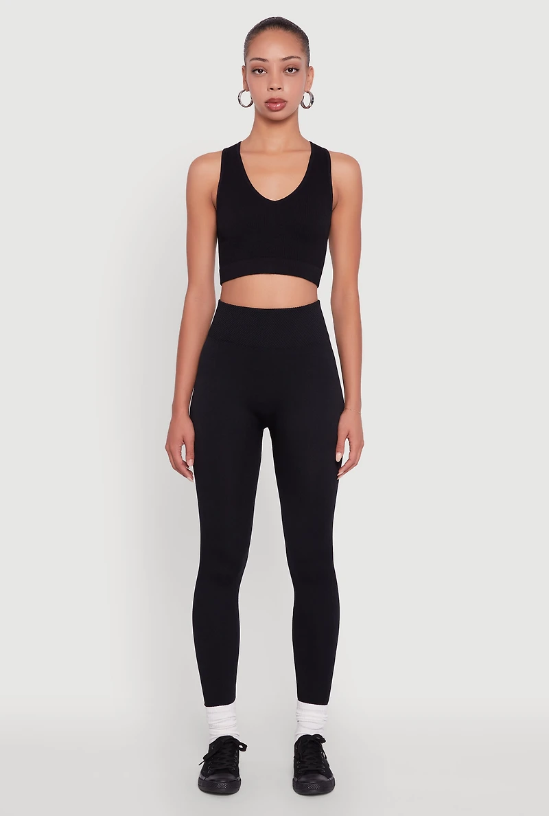 Womens High Waisted Basic Fleece Lined Leggings, Black, Size L-XL