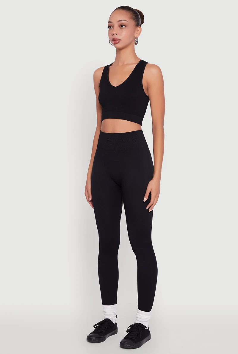 Womens High Waisted Basic Fleece Lined Leggings, Black, Size L-XL