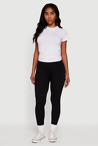 Womens Fleece Lined Ribbed Knit Basic Mid Rise Leggings, Black, Size L-XL