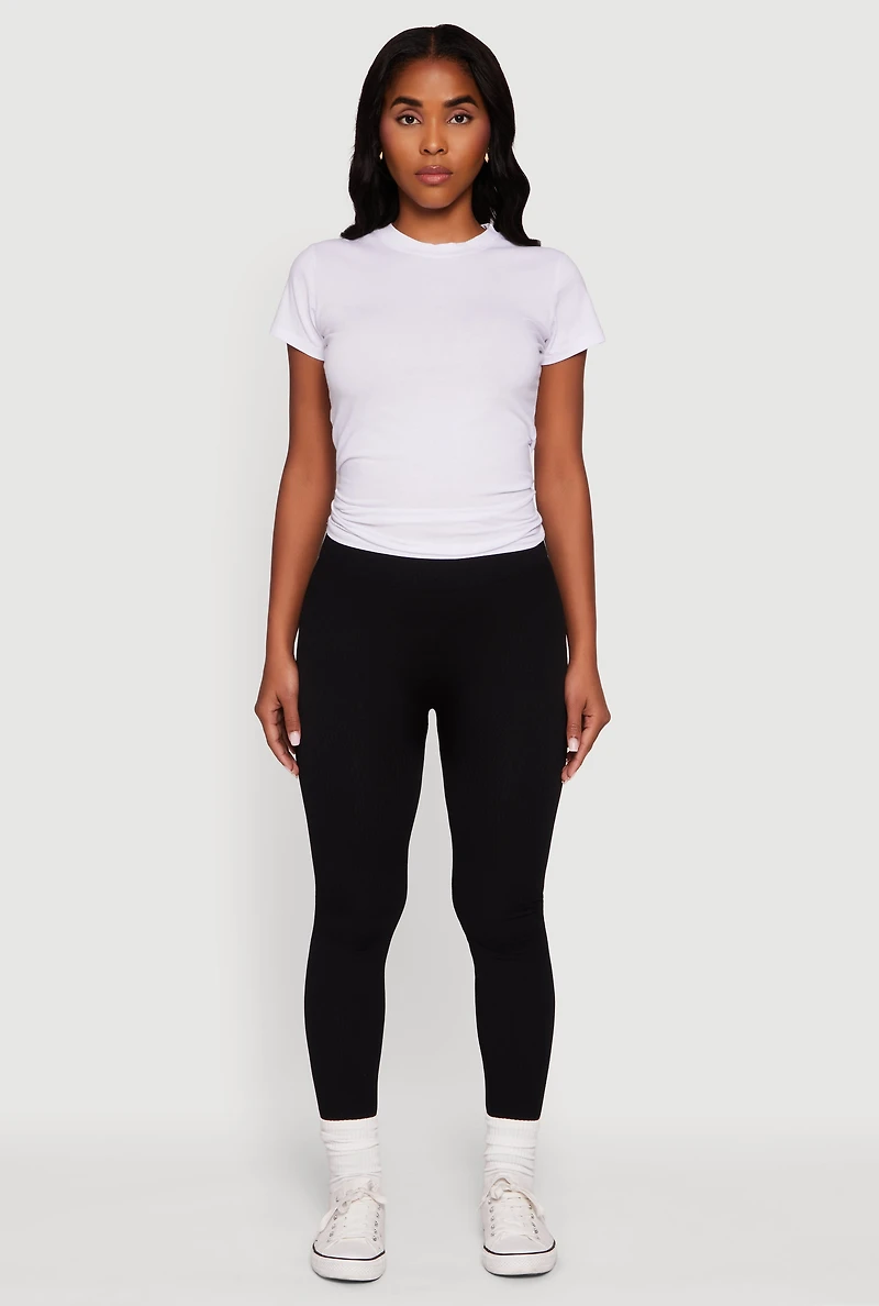 Womens Fleece Lined Ribbed Knit Basic Mid Rise Leggings, Black, Size L-XL