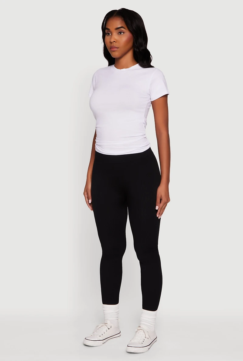 Fleece Lined Ribbed Knit Basic Mid Rise Leggings