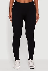 Womens Fleece Lined Ribbed Knit Basic Mid Rise Leggings, Black, Size L-XL