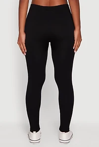 Womens Fleece Lined Ribbed Knit Basic Mid Rise Leggings, Black, Size L-XL