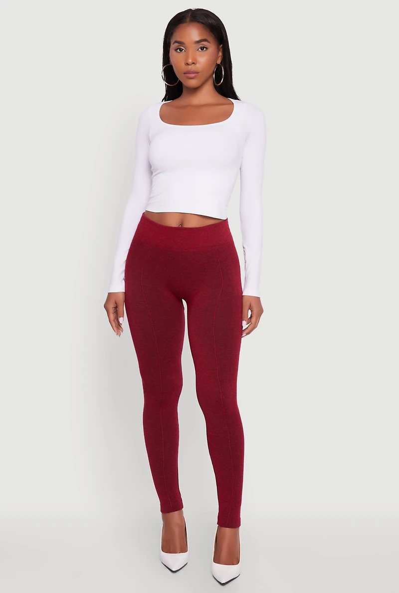 Womens Marled High Waisted Fleece Lined Leggings, Burgundy, Size S-M