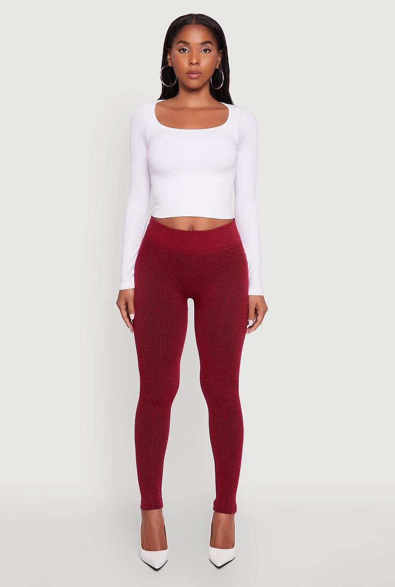 Womens Marled High Waisted Fleece Lined Leggings, Burgundy, Size S-M