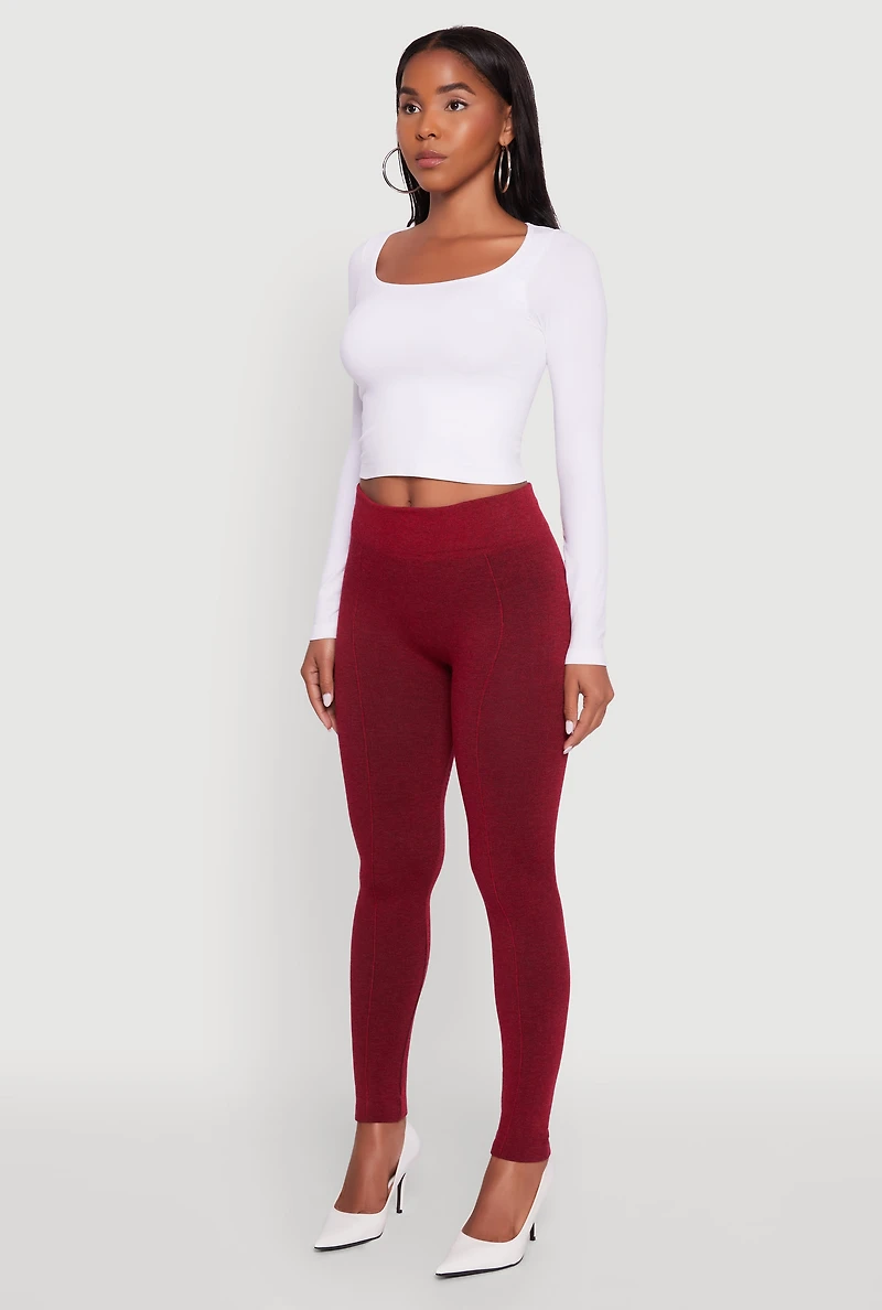 Womens Marled High Waisted Fleece Lined Leggings, Burgundy, Size S-M