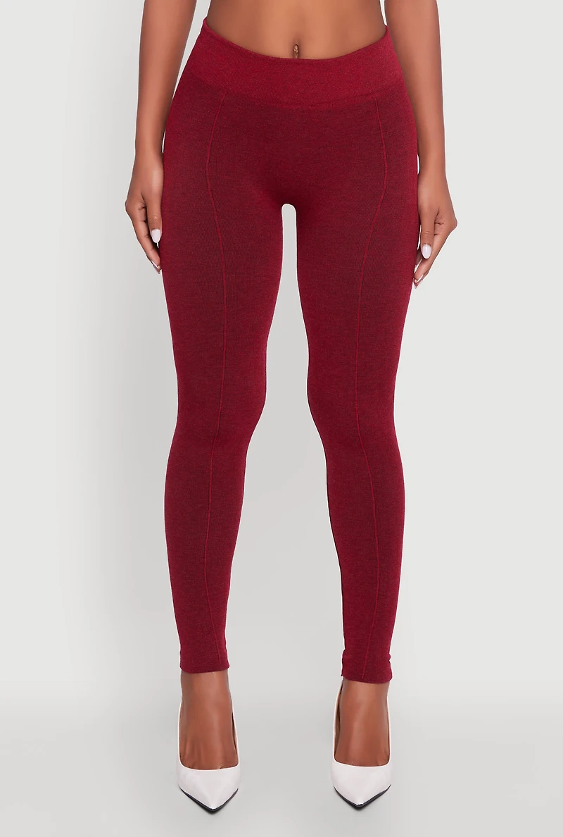Womens Marled High Waisted Fleece Lined Leggings, Burgundy, Size S-M