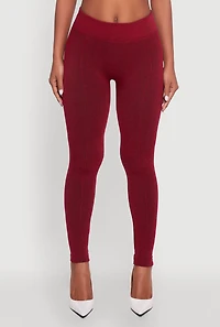 Womens Marled High Waisted Fleece Lined Leggings, Burgundy, Size S-M
