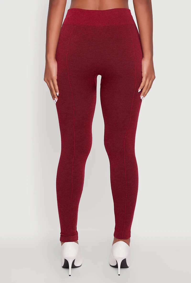 Womens Marled High Waisted Fleece Lined Leggings, Burgundy, Size S-M