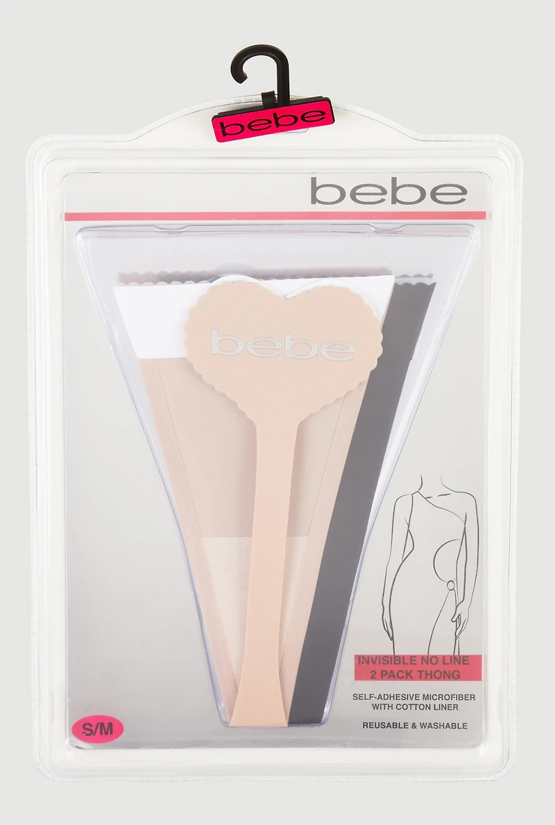 Womens Bebe Self-Adhesive Microfiber Thong 2 Pack, Multi, Size L-XL