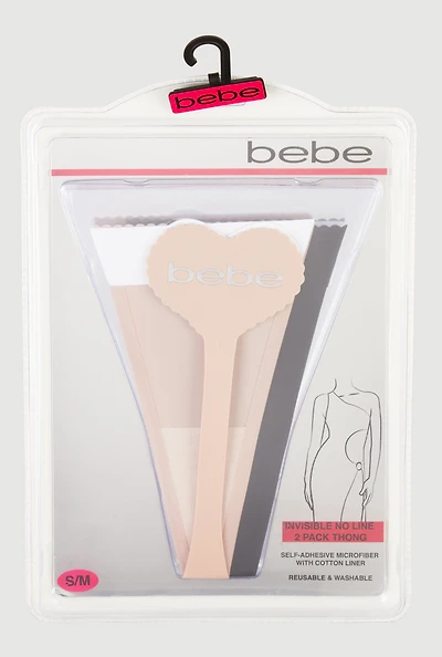 Womens Bebe Self-Adhesive Microfiber Thong 2 Pack, Multi, Size L-XL