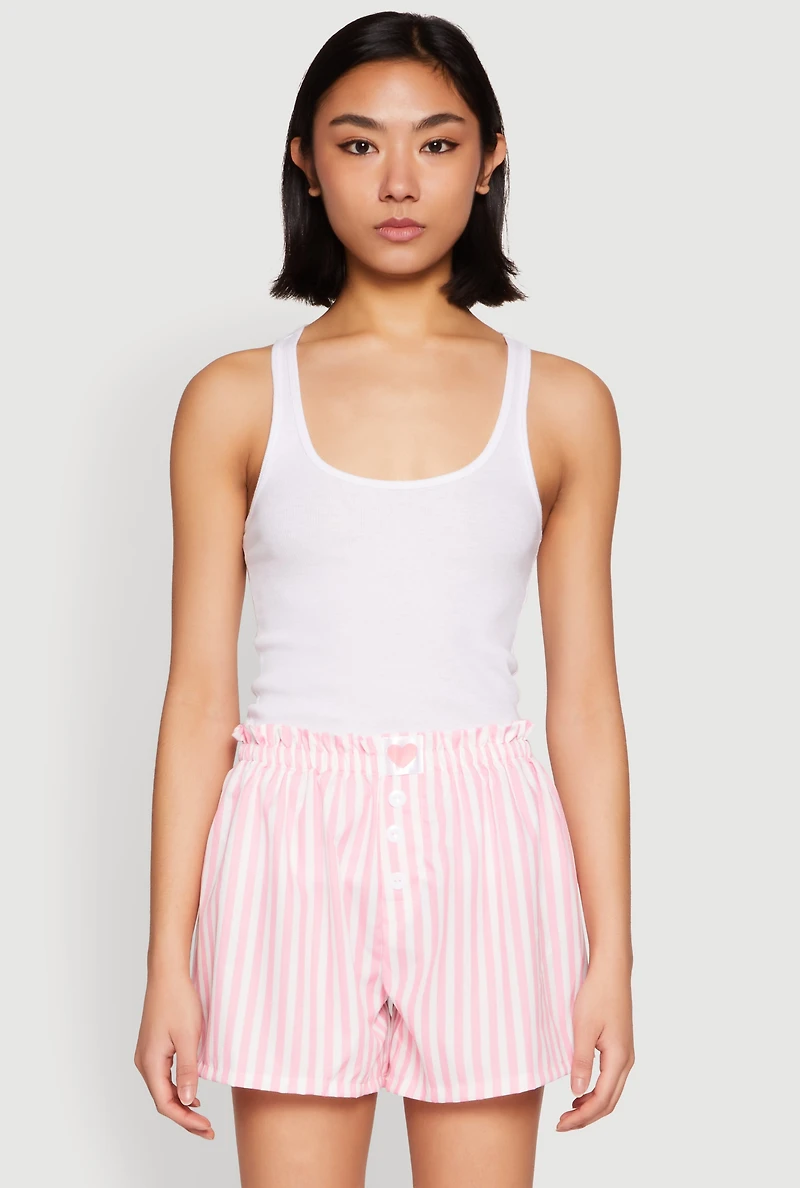 Womens Heart Detail Striped Pajama Shorts, Pink, Size L