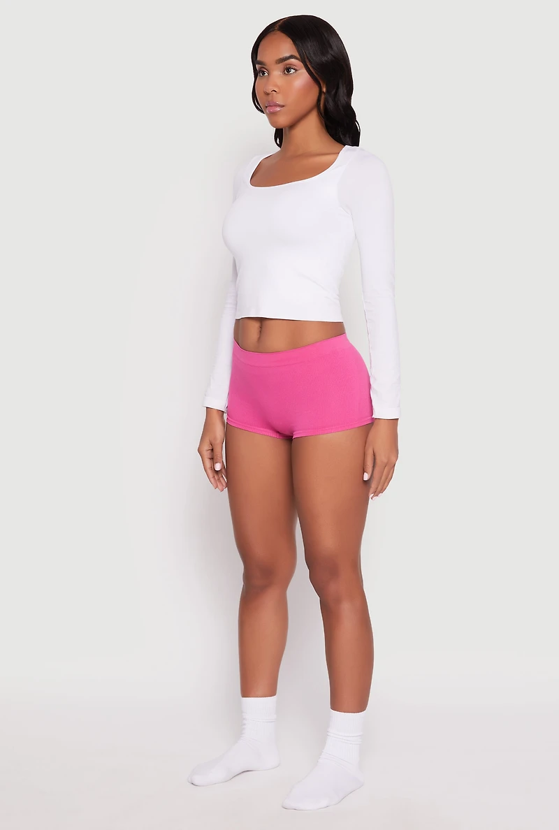 Womens Ribbed Knit Seamless Boyshort Panty, Pink, Size L
