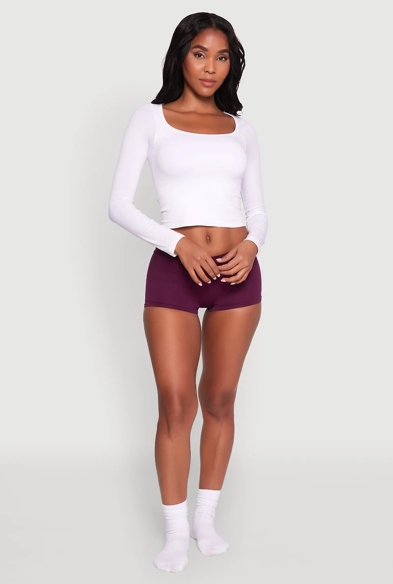 Womens Seamless Ribbed Knit Solid Boyshort Panty, Purple, Size L