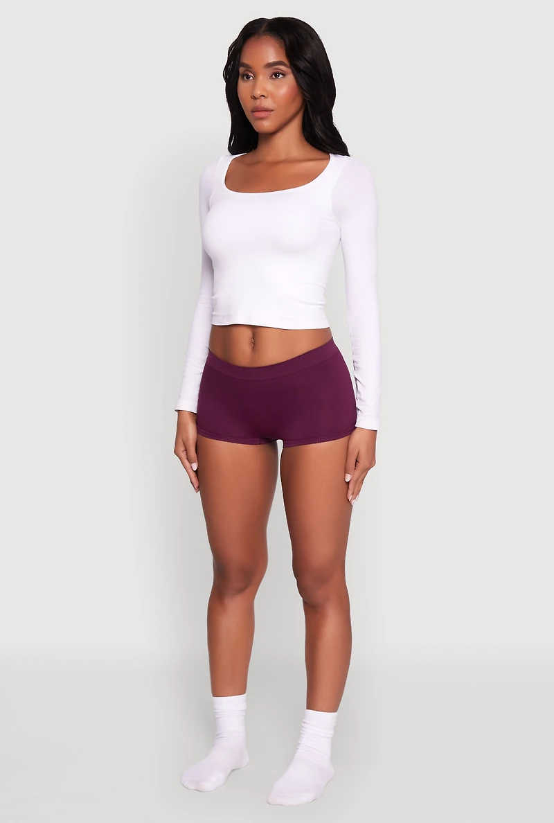 Womens Seamless Ribbed Knit Solid Boyshort Panty, Purple, Size L