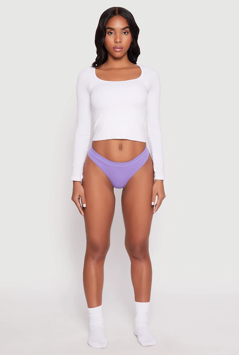 Womens Seamless Solid Rib Knit Thong, Purple, Size XL