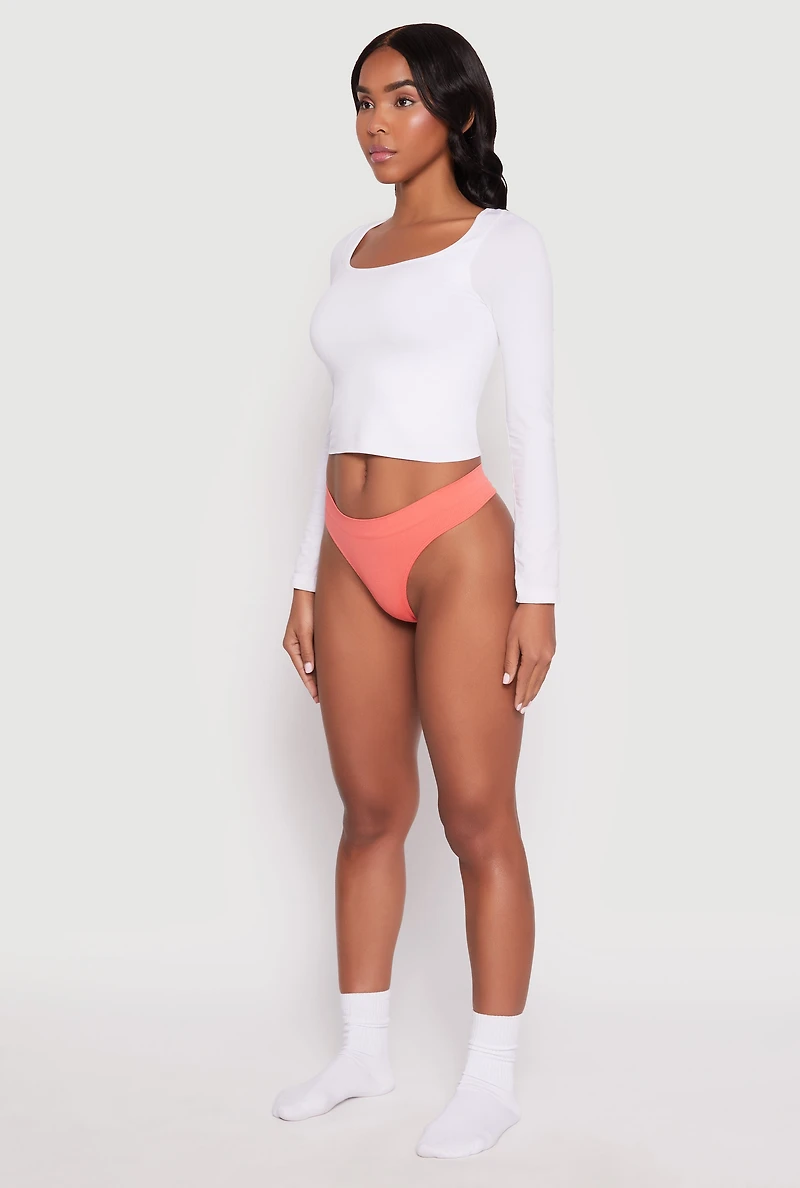 Seamless Solid Rib Knit Thong Panty