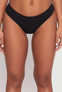 Womens Solid Ribbed Knit Seamless Thong Panty, Black, Size L