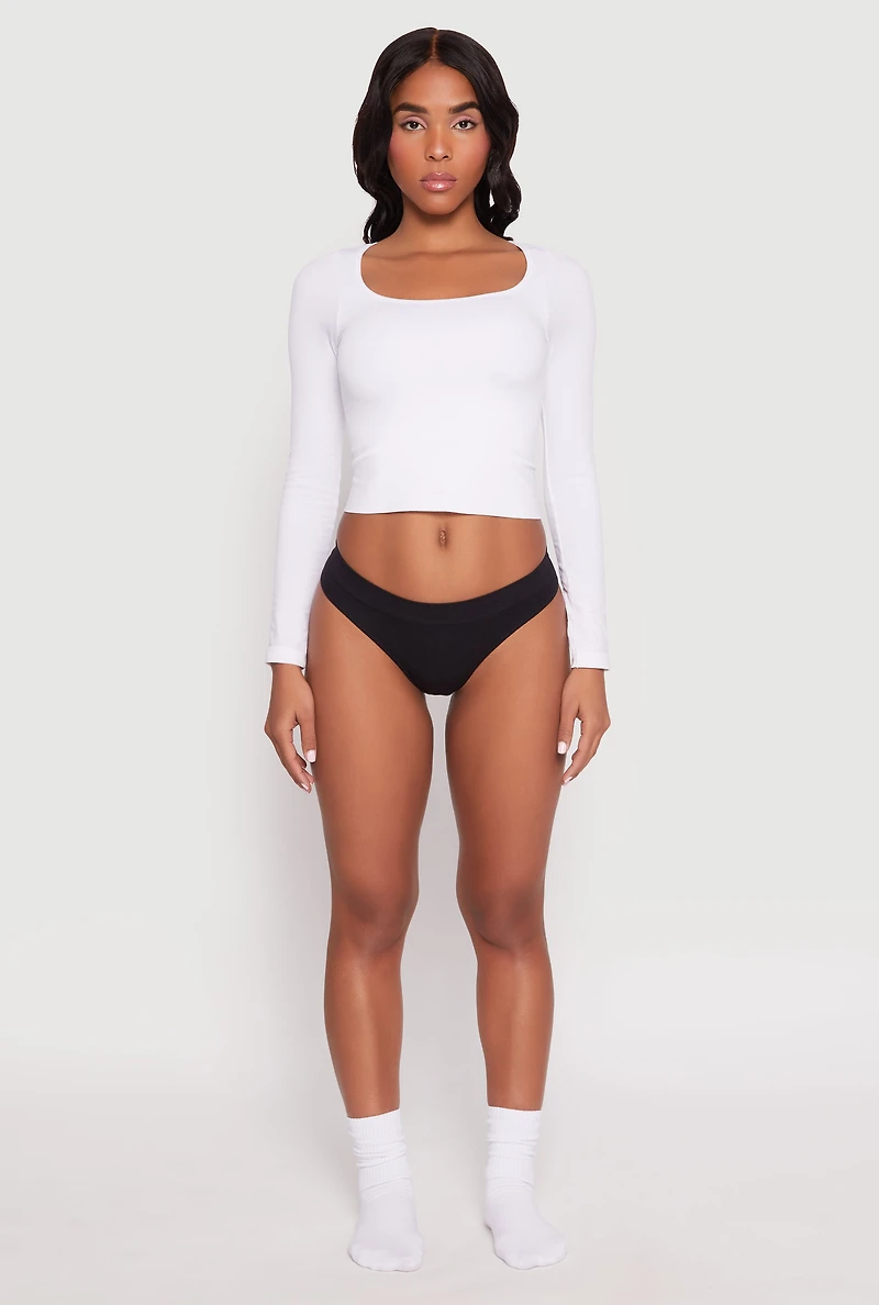 Solid Ribbed Knit Seamless Thong Panty