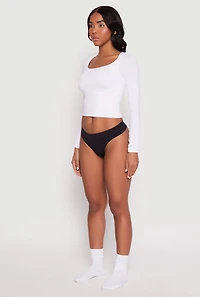 Womens Solid Ribbed Knit Seamless Thong Panty, Black, Size L