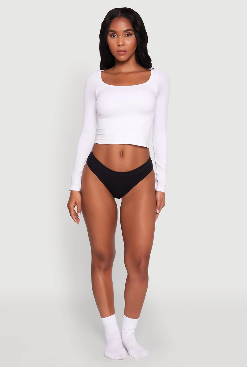 Womens Seamless Ribbed Knit Solid Bikini Panty, Black,